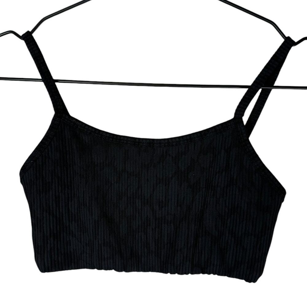 Strut This Rocky Black Ribbed Leopard Print Scoop Neck Sports Bra Small